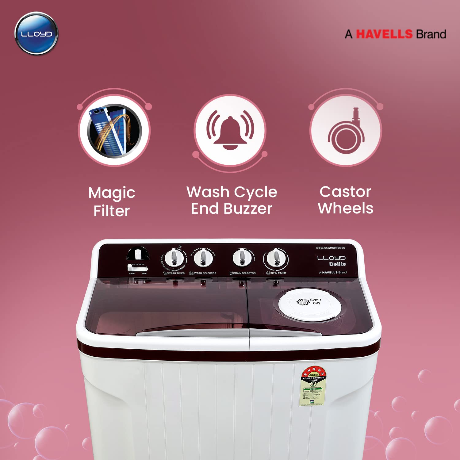 Lloyd Top Load Washing Machine – 8 Kg, Maroon