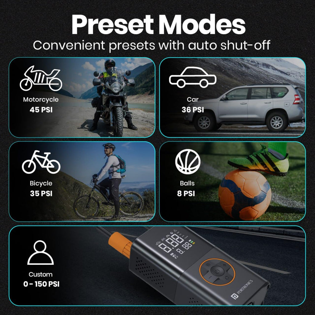 Portronics Vayu 3.0 Tyre Inflator – 150 PSI, 4000mAh