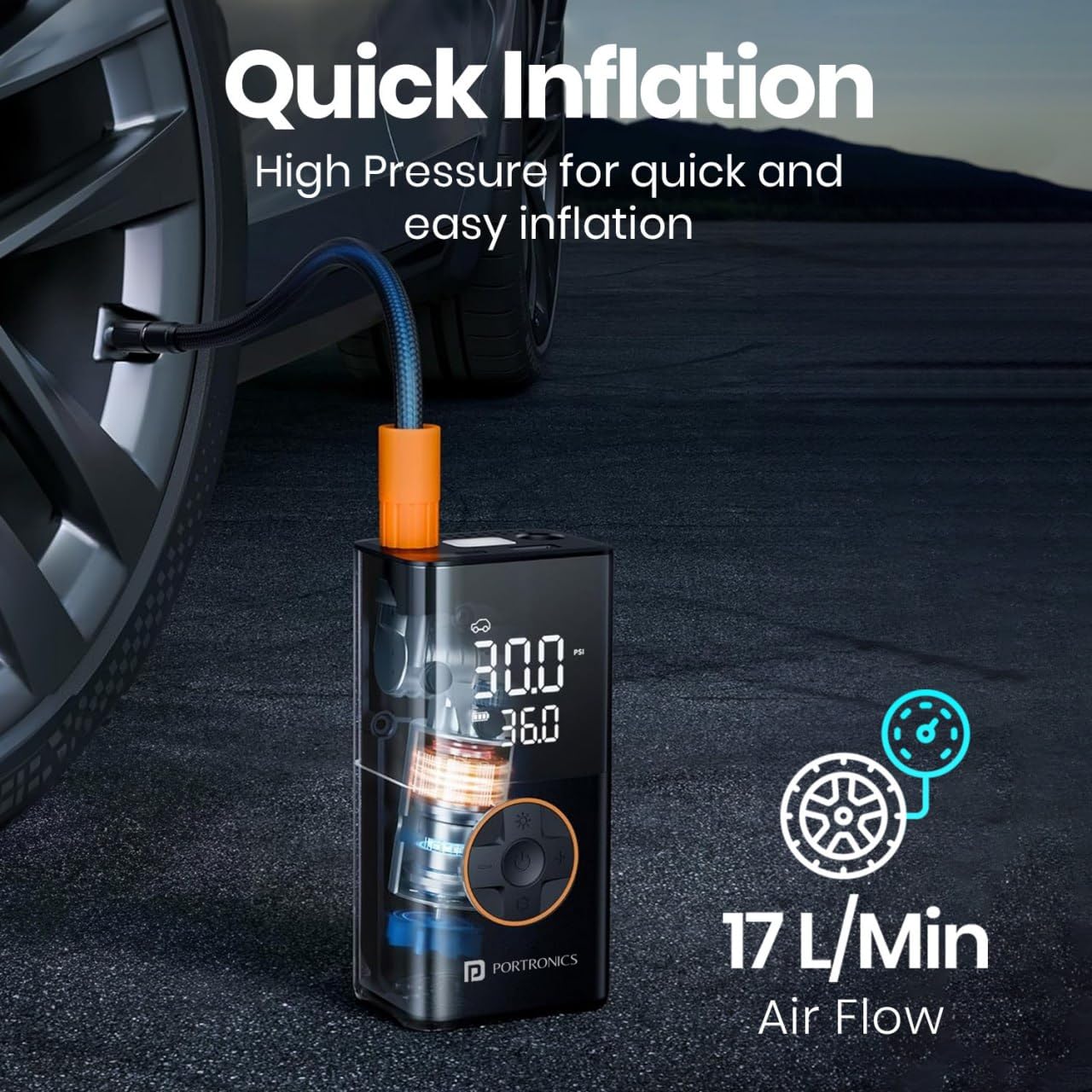 Portronics Vayu 3.0 Tyre Inflator – 150 PSI, 4000mAh